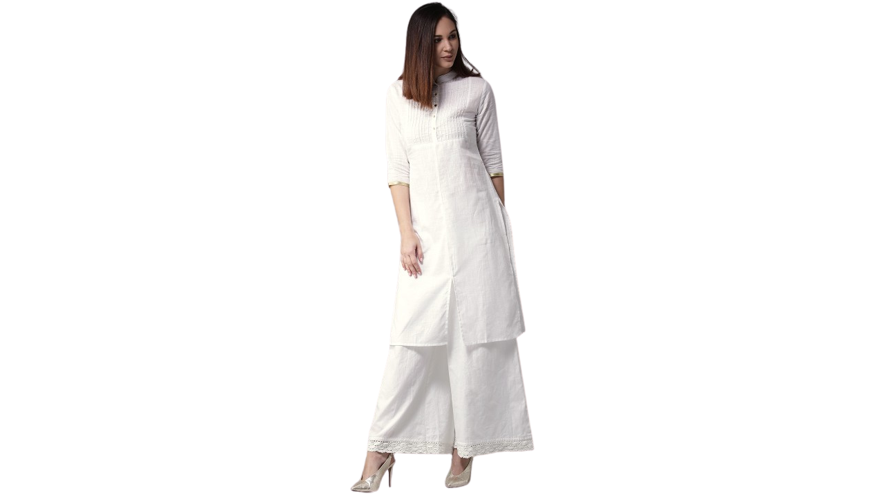 HERE & NOW Solid Straight White Cotton Kurta