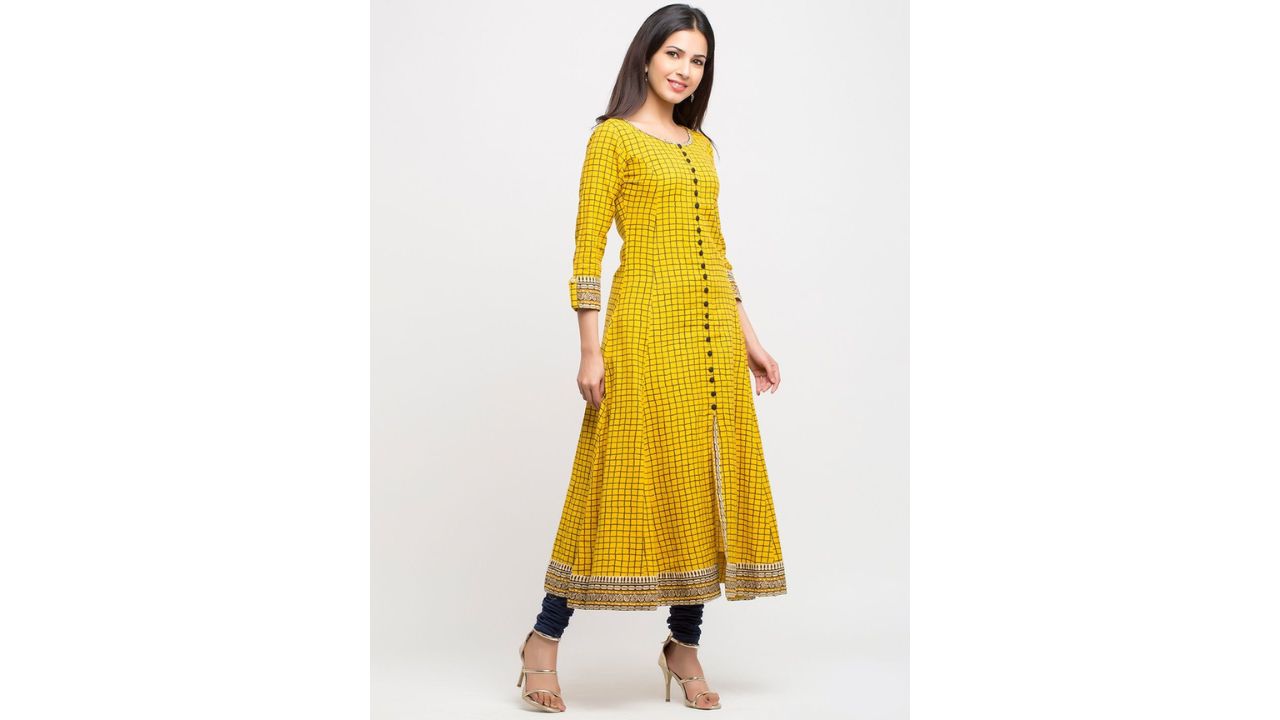 Yash Gallery Women Yellow Checked Anarkali Kurta