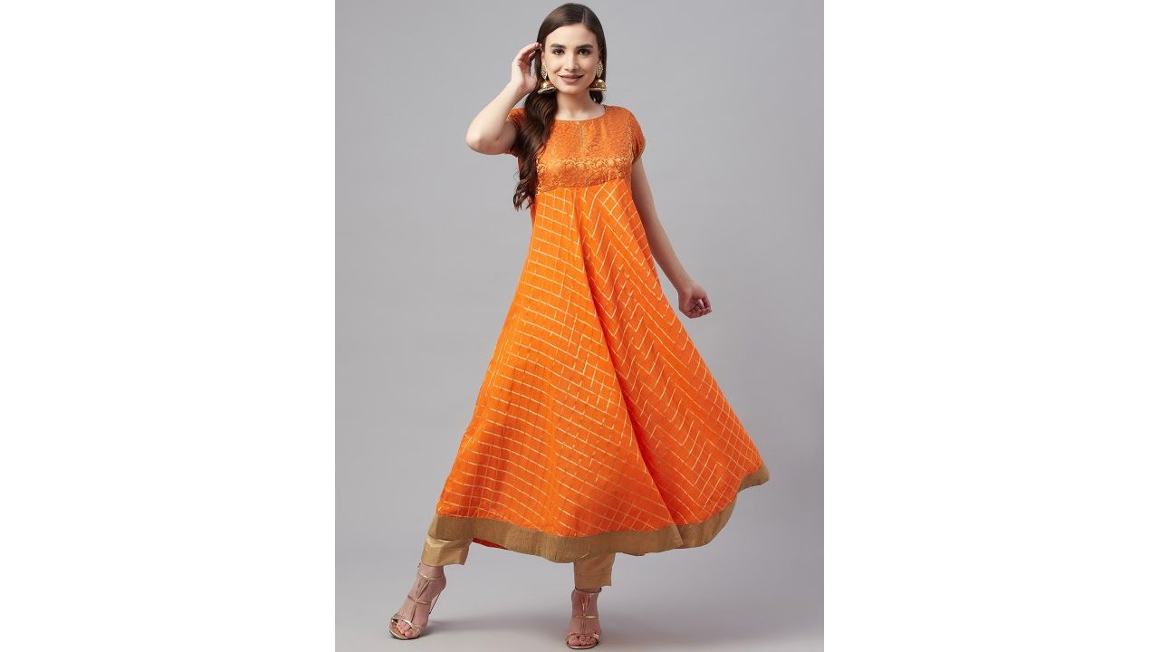 MBE Women Orange Checked Brocade Anarkali Kurta