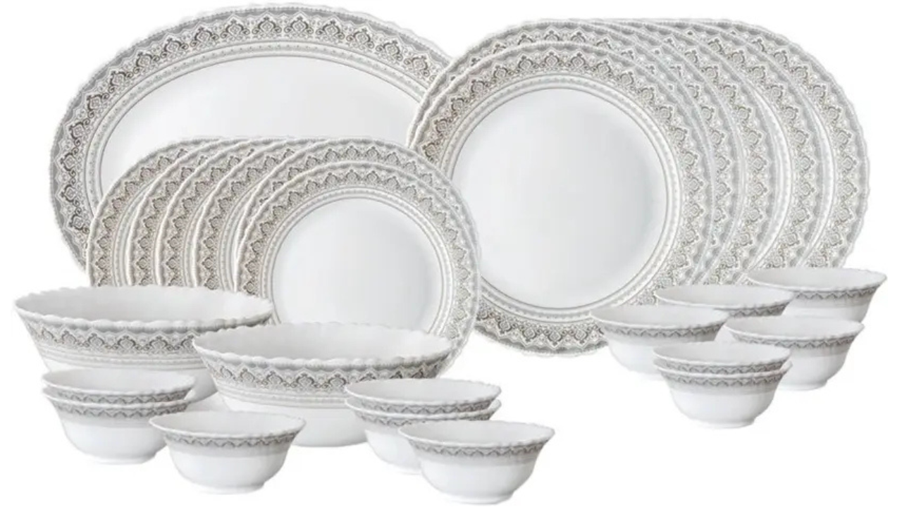 Larah Borosil Classic Dinner Set with white base and delicate lace-patterned borders.