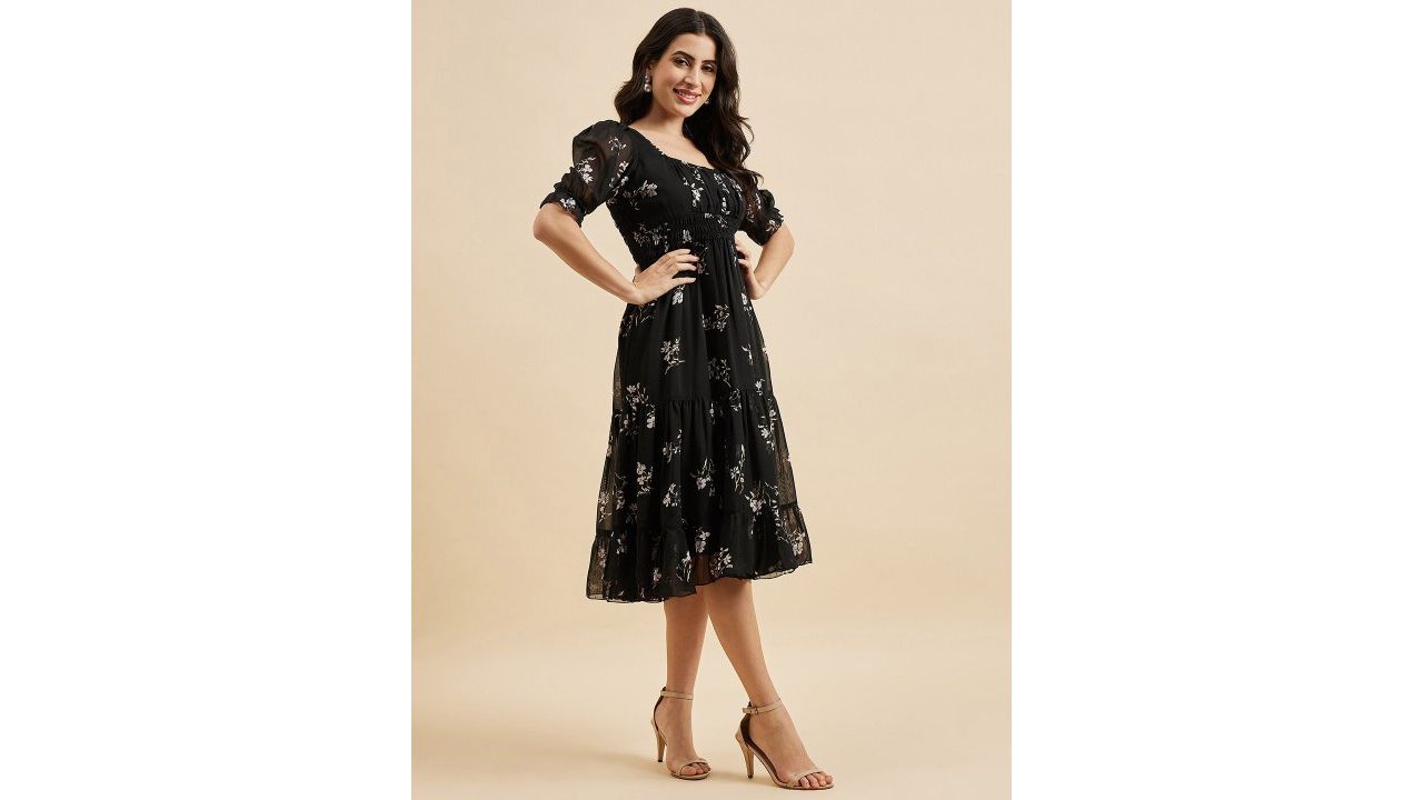 Azira Floral Print Square Neck Puff Sleeve Midi Dress