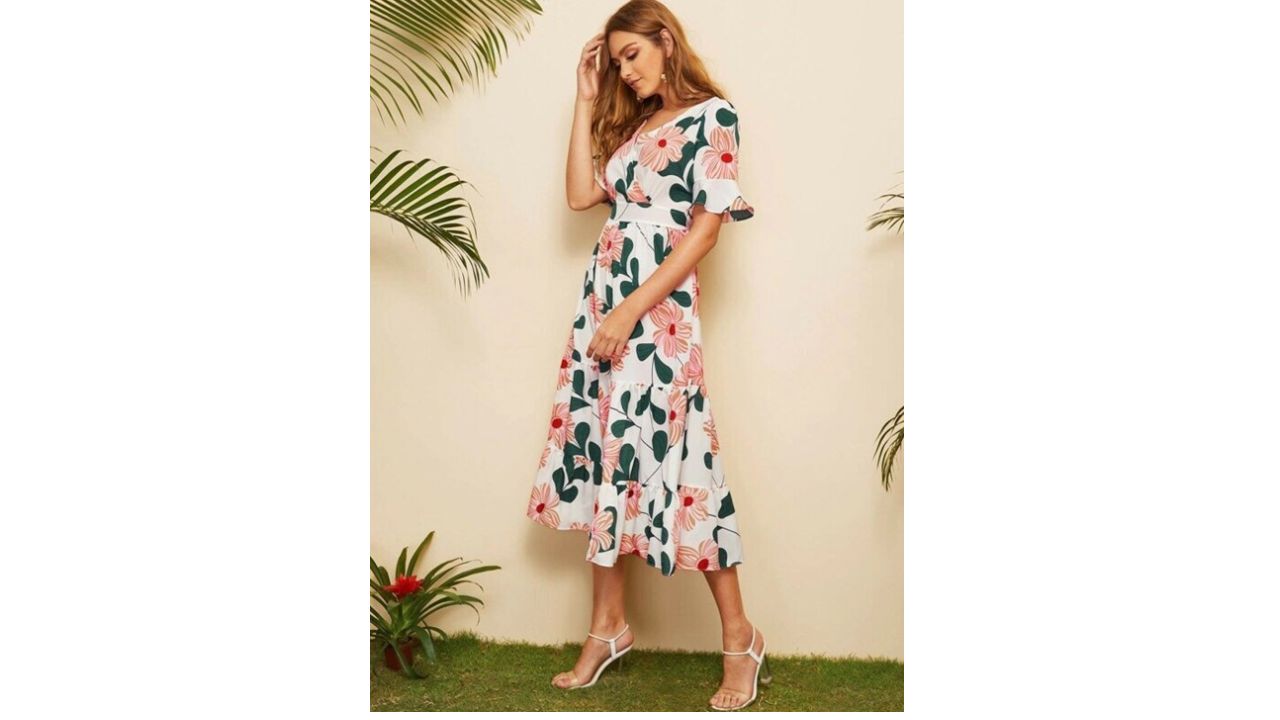 StyleCast x Slyck Floral Printed V-Neck A-Line Midi Dress
