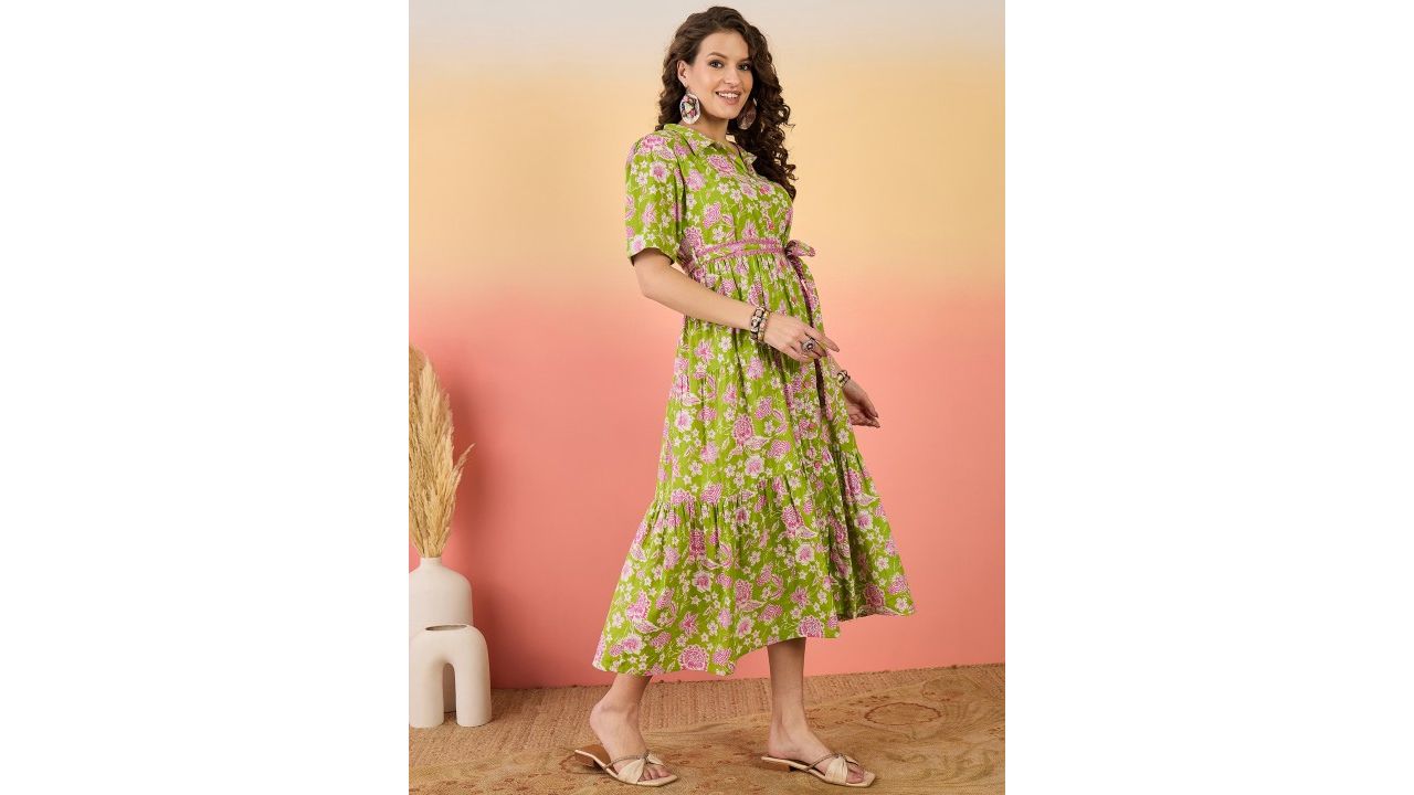 Sangria Floral Printed Pure Cotton Tiered Maxi Dress