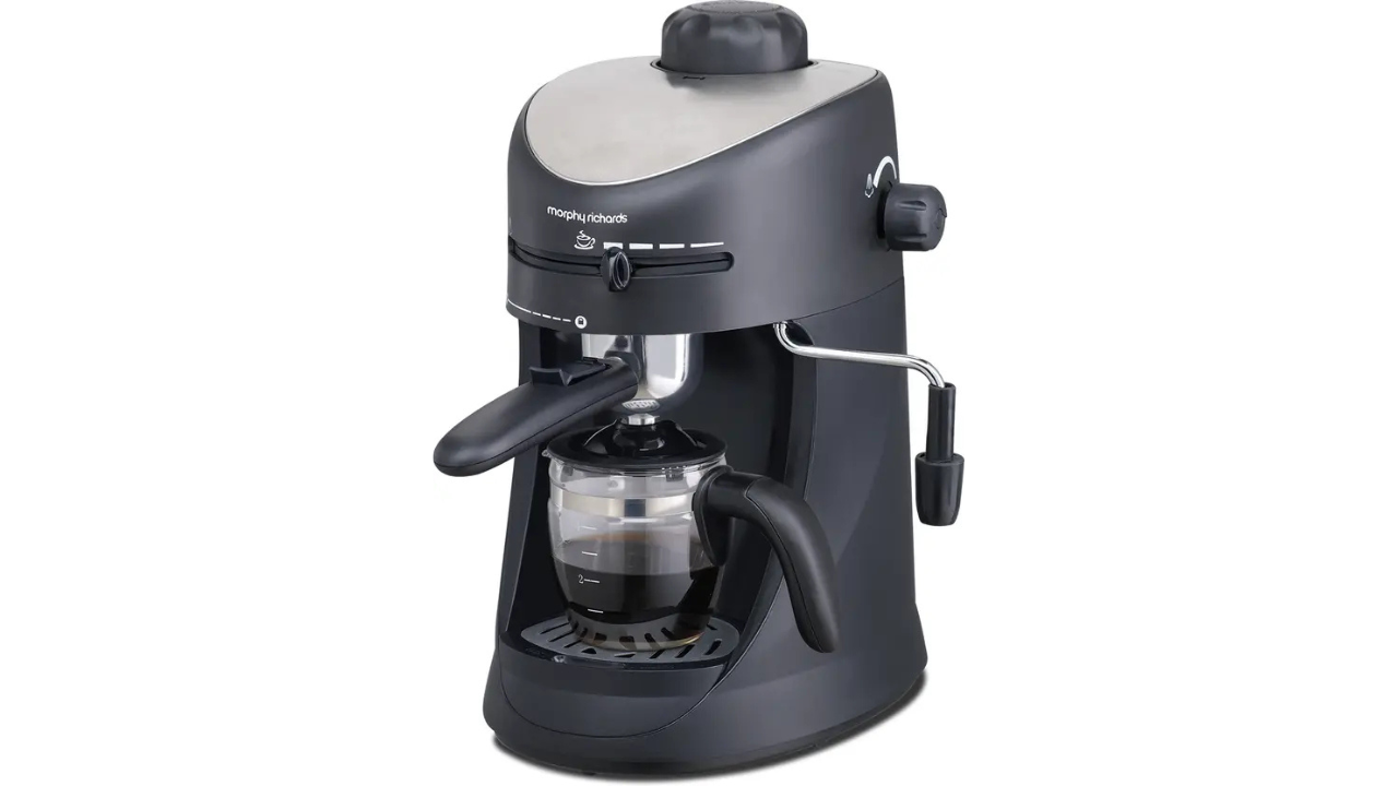 Sleek black coffee maker with frothing nozzle, strength selector, and capacity for 4 cups.