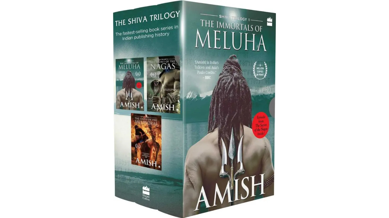 Set of three paperback books from The Shiva Trilogy featuring rich, mythological artwork and vibrant colors