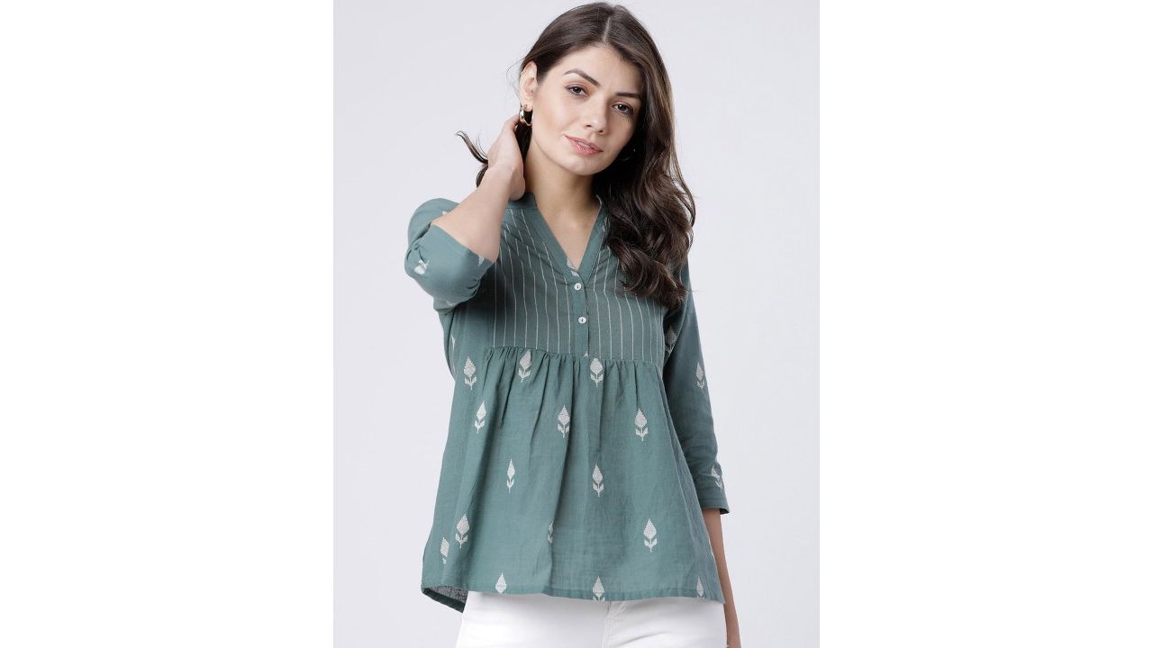 Vishudh Green Printed Mandarin Collar Pure Cotton Empire Top