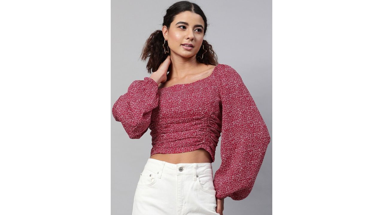 Street 9 Maroon Floral Georgette Fitted Crop Top