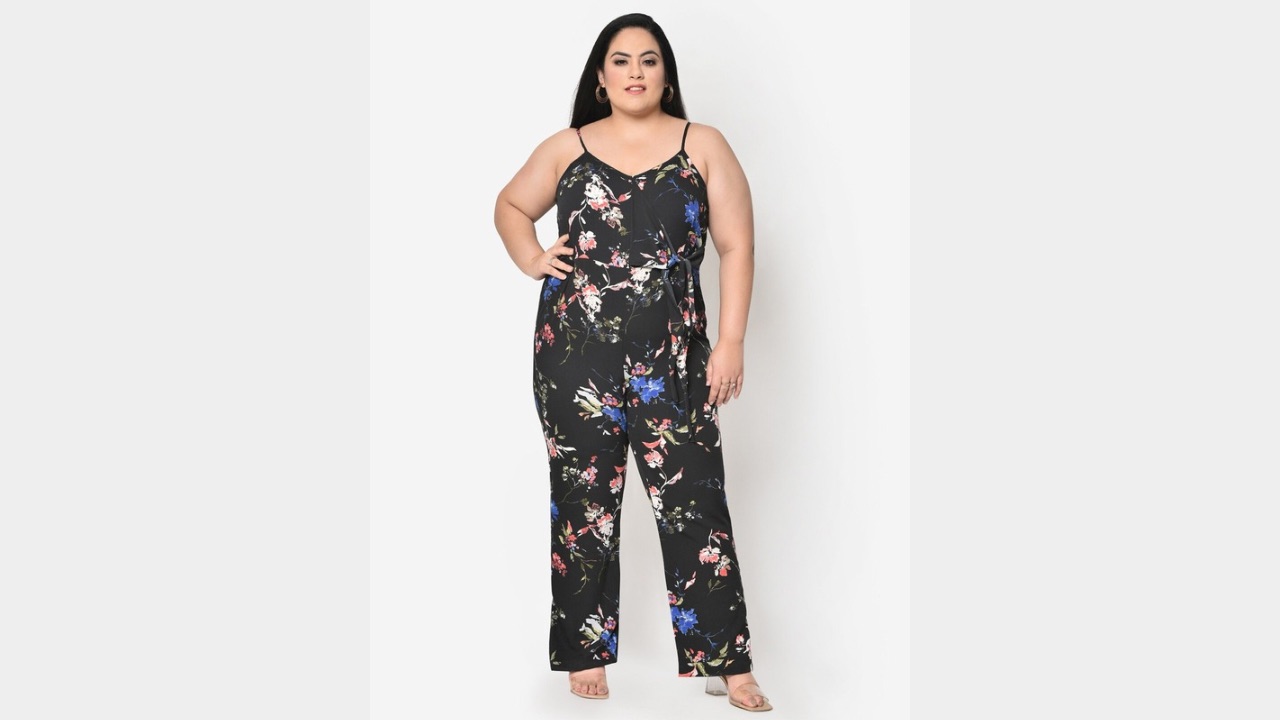 wild U Black & Blue Floral Printed Knot Plus Size Basic Jumpsuit