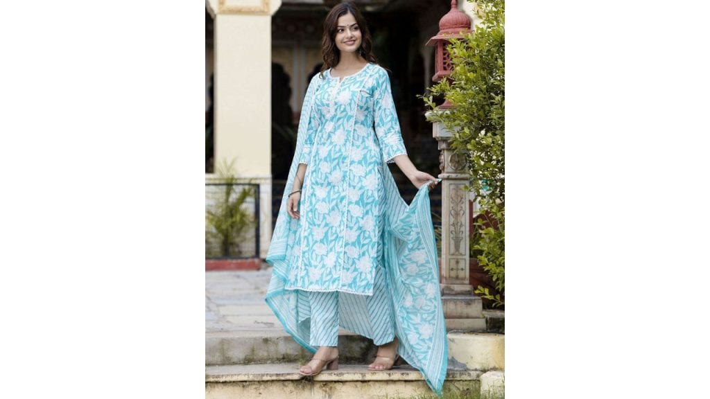 Anouk Floral Embroidered Regular Pure Cotton Straight Kurta with Pyjamas & Dupatta