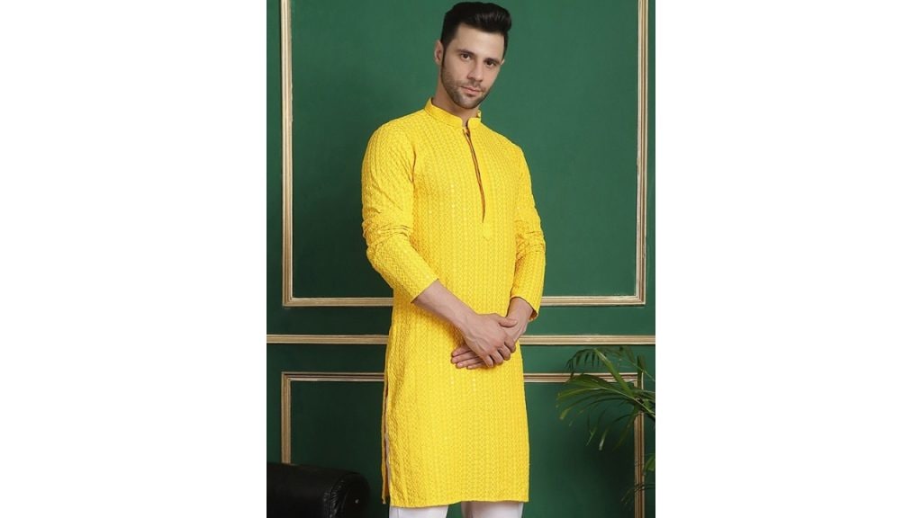 Anouk Yellow Ethnic Motifs Embroidered Mandarin Collar Straight Kurta