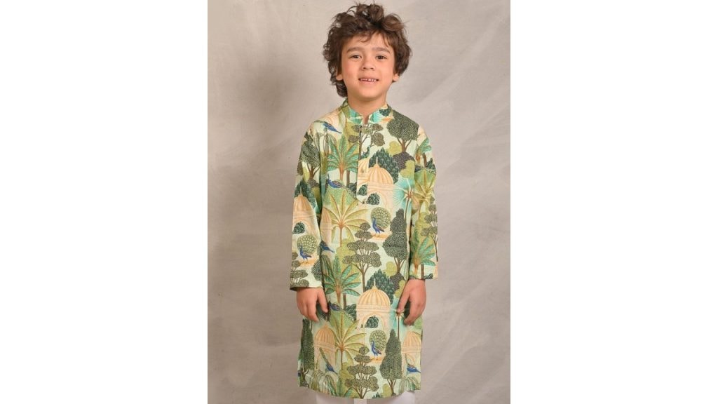 Anthrilo Boys Floral Printed Mandarin Collar Pure Cotton Straight Kurta