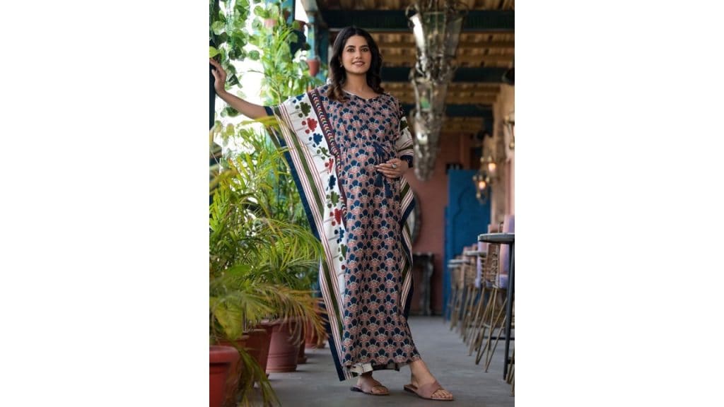 Aujjessa Floral Printed Round Neck Maternity Kaftan Dress