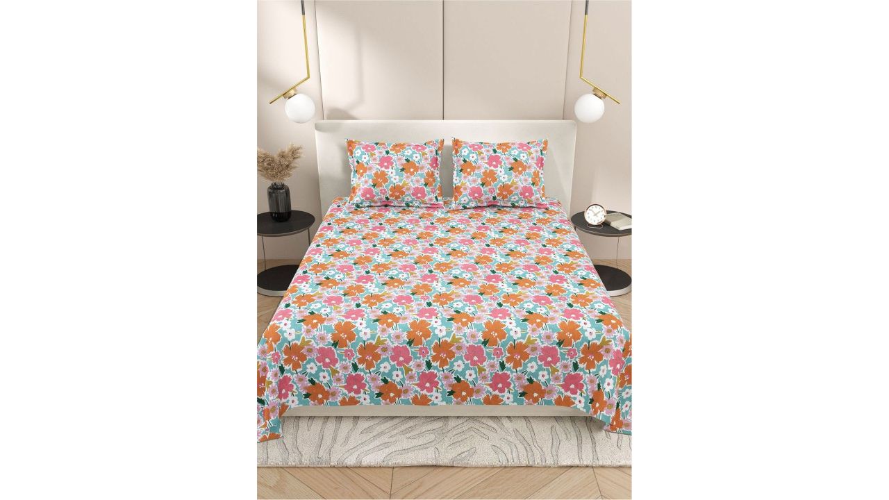 DREAM WEAVERZ Blue & Orange Floral Cotton 220 TC Super King Bedsheet Set