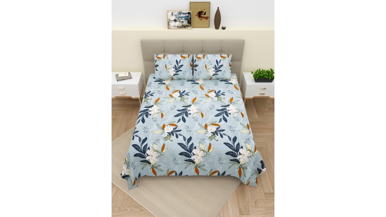 DREAM WEAVERZ Blue & White Floral Printed Cotton Super King Bedsheet