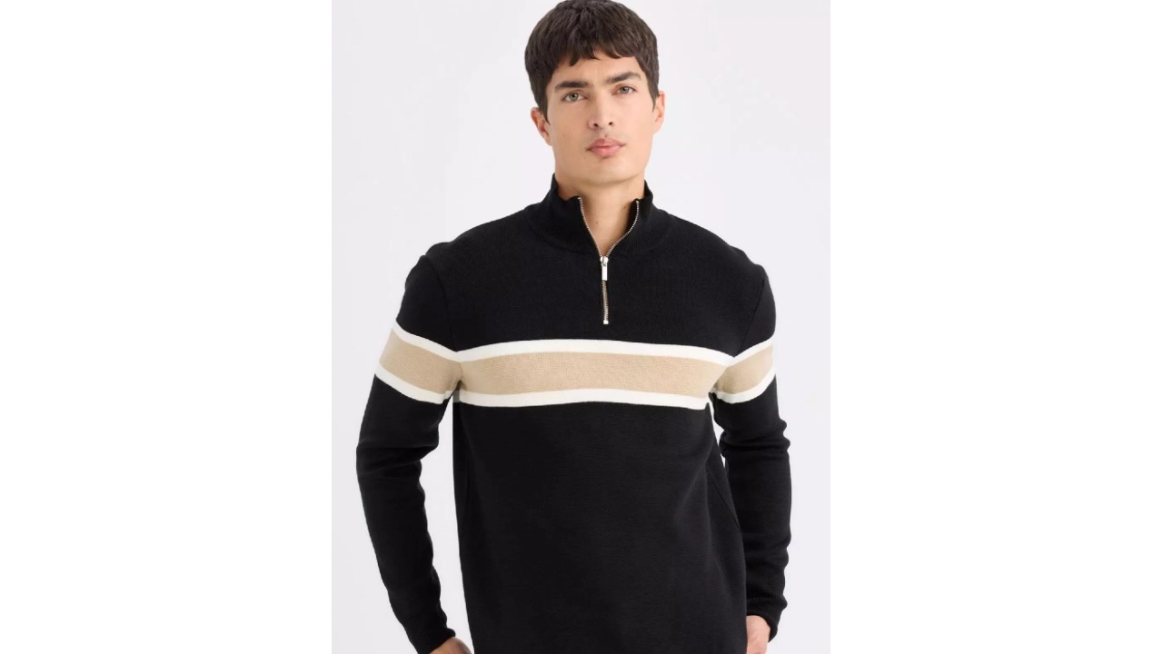 DeFacto Black Standard Fit Regular Cut Stand Collar Zippered Striped Knitwear Sweater