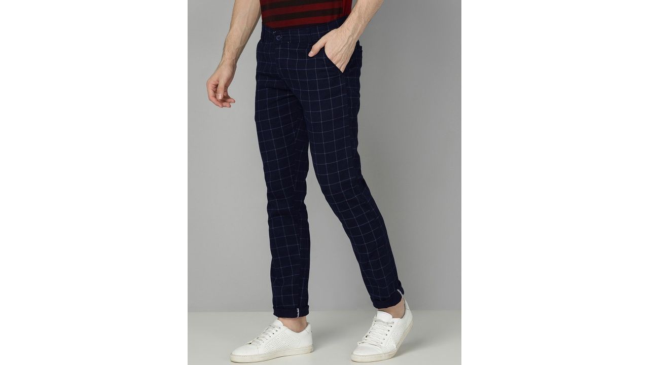 FUBAR Men Checked Slim Fit Mid-Rise Easy Wash Trousers