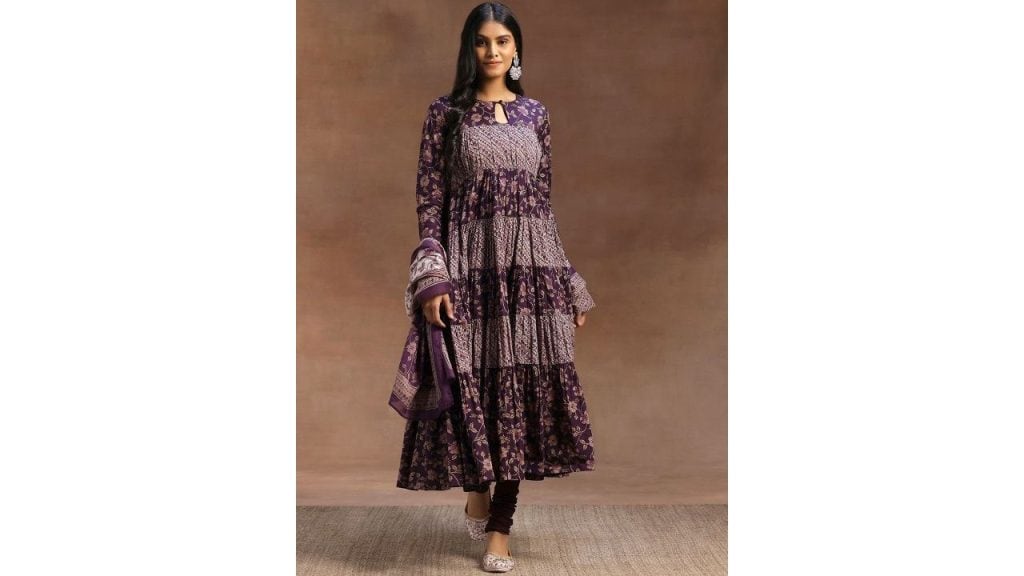 Floral Printed Panelled Kurta with Churidar & Dupatta