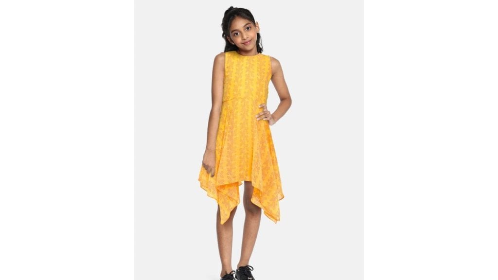 Global Desi Girls Yellow & Pink Ethnic Motifs Printed A-Line Dress