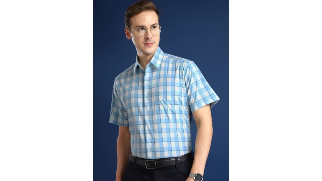 Hancock Men Standard Spread Collar Windowpane Checked Cotton Slim Fit Formal Shirt