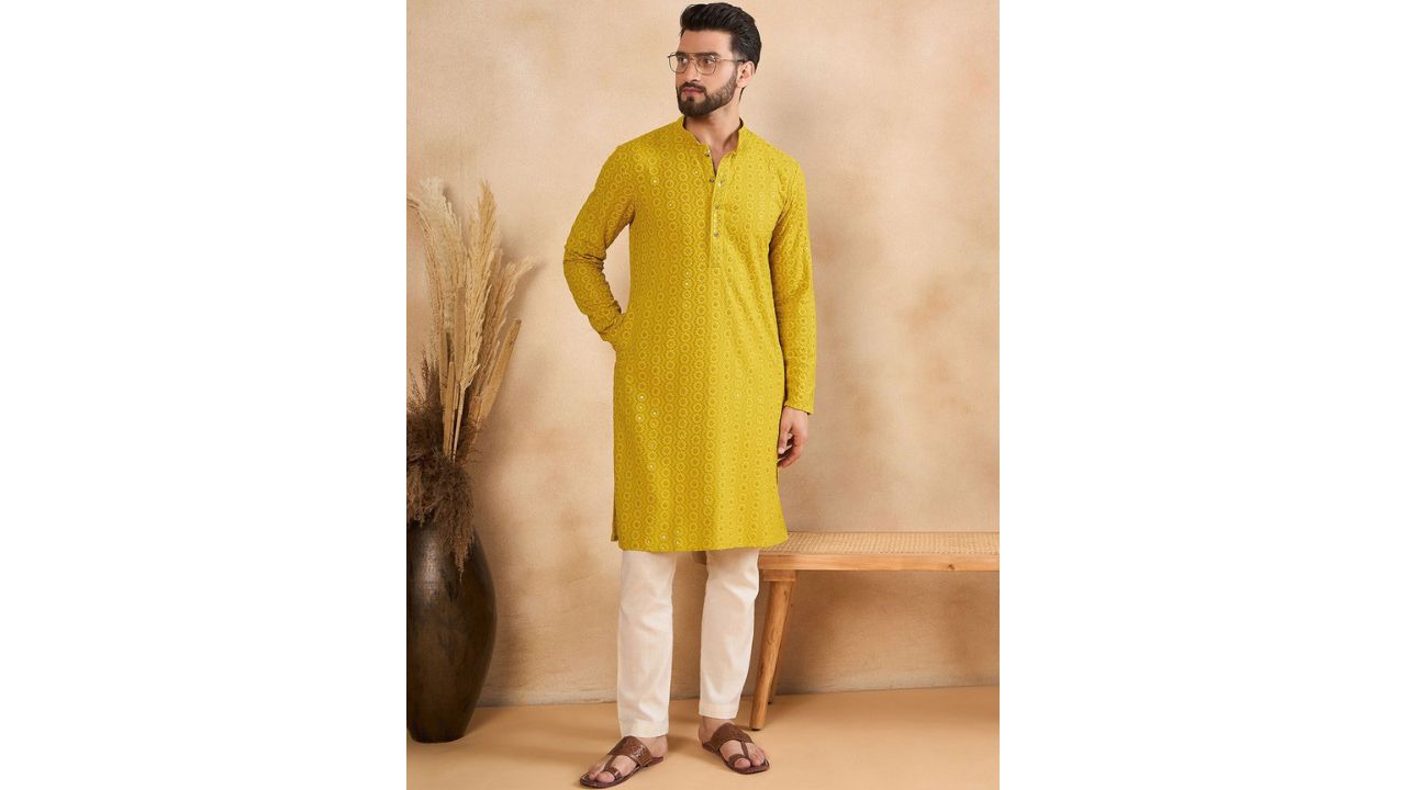 House of Pataudi Ethnic Motifs Embroidered Mandarin Collar Straight Kurta