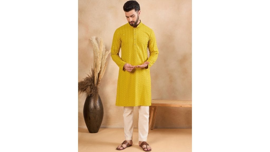 House of Pataudi Ethnic Motifs Embroidered Mandarin Collar Straight Kurta