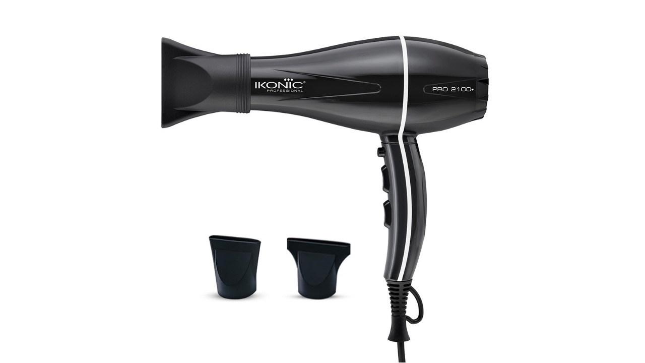 Ikonic Professional Pro 2100+ Hair Dryer with Low Noise Function & Interchangeable Nozzles -Black