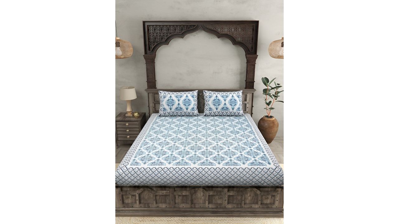 JAIPUR FABRIC White & Blue Floral 210 TC Cotton King Bedsheet Set