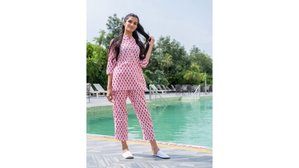Jaipur Kurti Ethnic Print Cotton Loungewear Set With Side Pockets