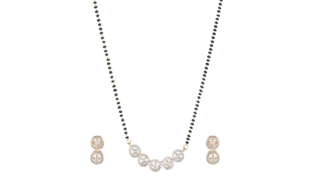 Jazz and Sizzle Gold-Plated Stone-Studded Beaded Mangalsutra With Earrings