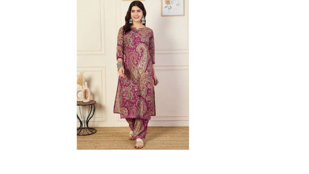 KALINI Notch Neck Paisley Printed Straight Kurta with Trousers