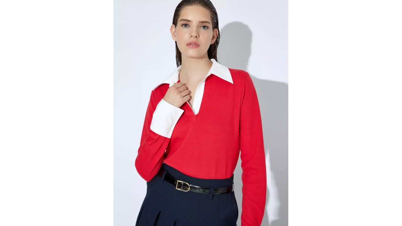 KOTON Polo Collar Knitwear Sweater Color Contrast Double Fabric Use Long Sleeve