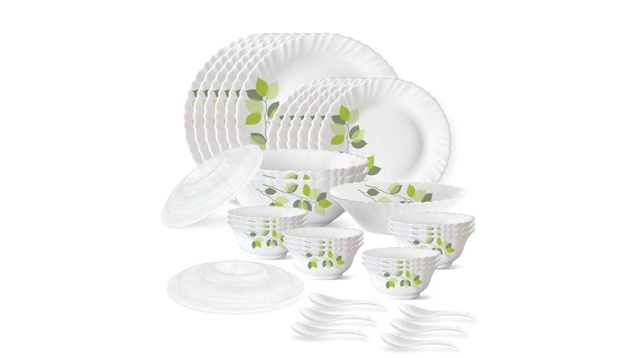Larah by Borosil Green Leaves Silk Series Opalware Dinner Set