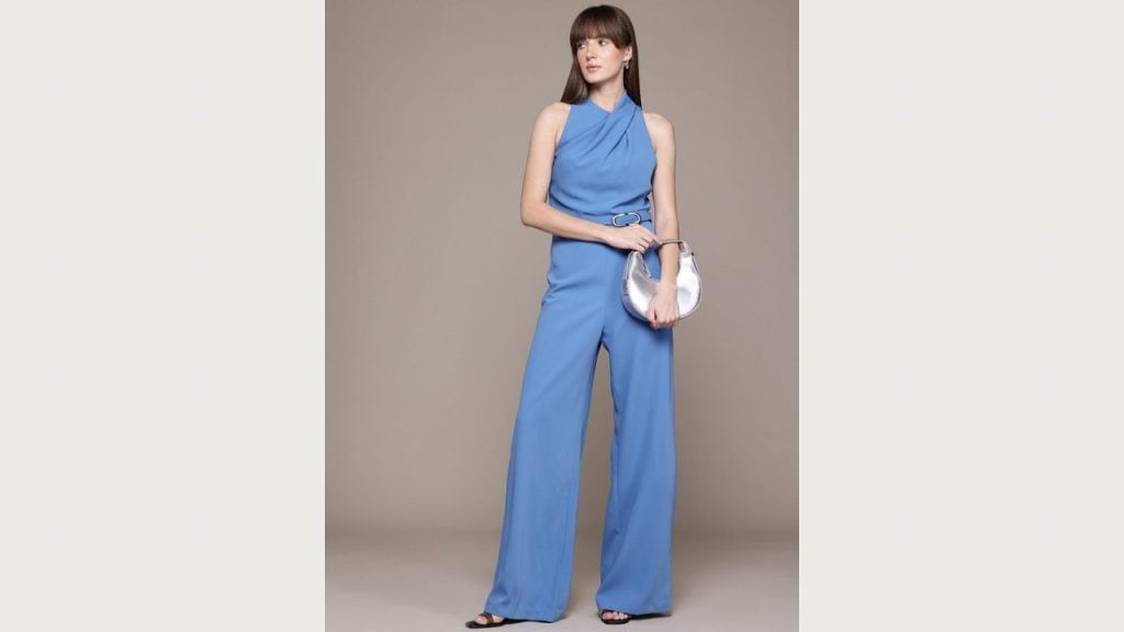 MANGO Draped Neck Wide Leg Jumpsuit with Belt
