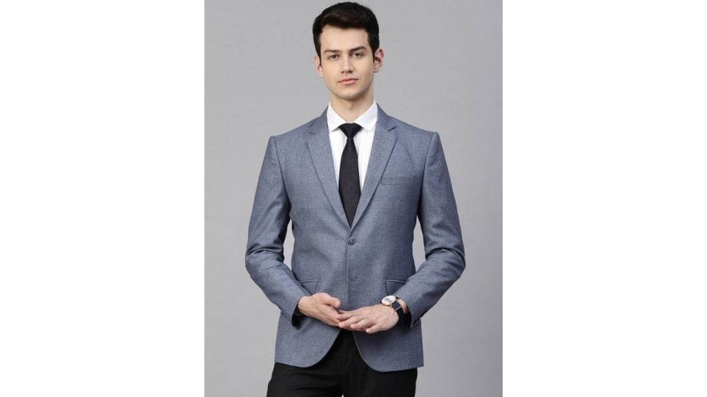 MANQ Men Blue Slim Fit Solid Single-Breasted Formal Blazer