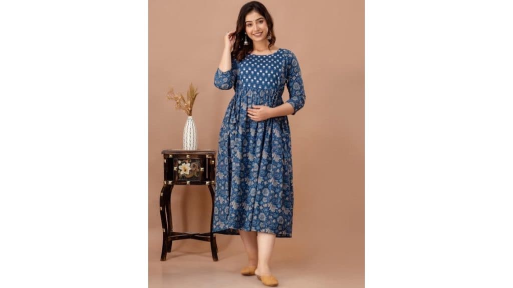 MURLI KURTI Floral Printed Round Neck Gotta Patti Fit and Flare Maternity Ethnic Dress
