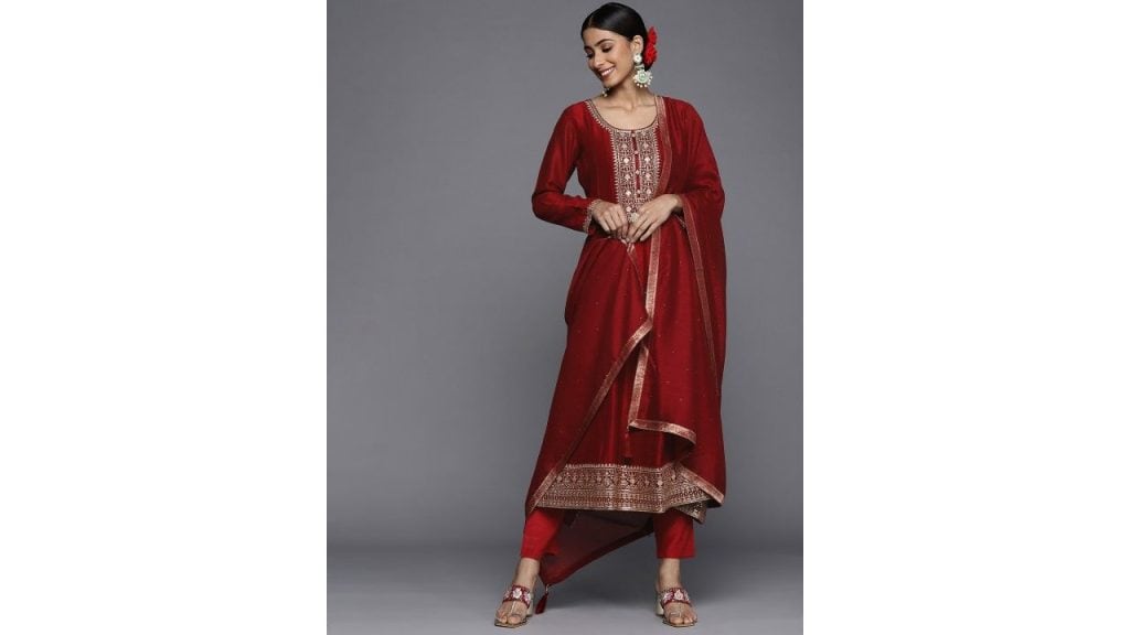 Maroon Floral Embroidered Sequinned Kurta with Trousers & Dupatta