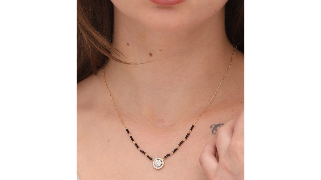 PALMONAS Gold-Plated Black & White Diamond Studded & Beaded Mangalsutra