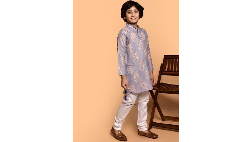 PRINTCULTR Boys Floral Printed Band Collar Cotton Straight Kurta