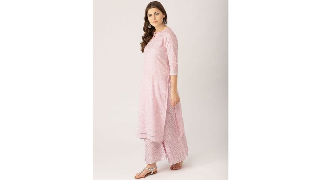 Pink & Silver Printed Kurta with Palazzos & Dupatta