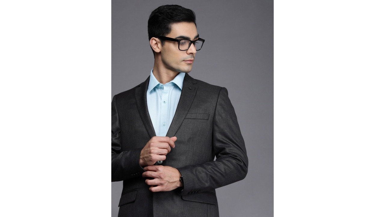 Raymond Men Charcoal Grey Slim Fit Self Design Single-Breasted Formal Blazer