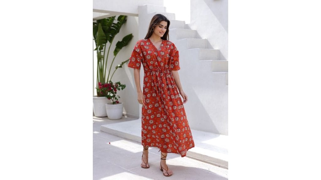 SANSKRUTIHOMES Floral Printed V-Neck Extended Sleeves Pure Cotton Maxi Kaftan Dress