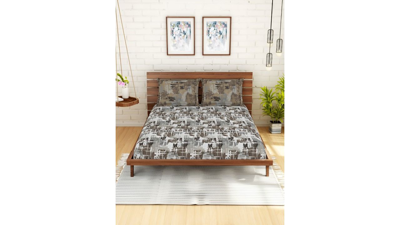 SPACES Brown & Grey Cotton 144 TC Queen Bedsheet with 2 Pillow Covers