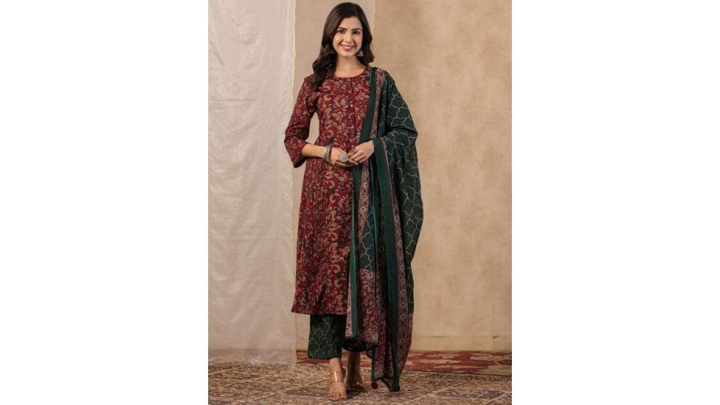 Sangria Floral Printed Pure Cotton Straight Kurta With Trouser & Dupatta