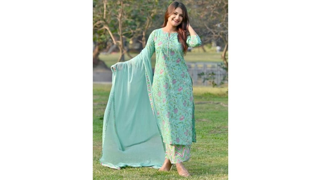 Sea Green Floral Printed Kurta with Palazzos & Dupatta