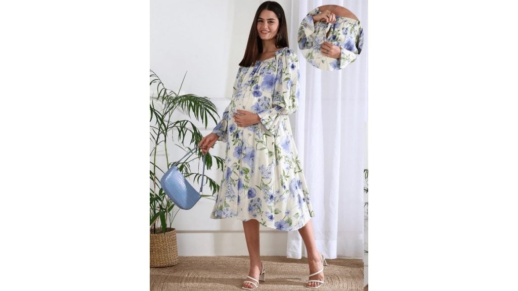 Shades of Sabi Women Floral Printed Off-Shoulder Maternity Fit and Flare Midi Dress