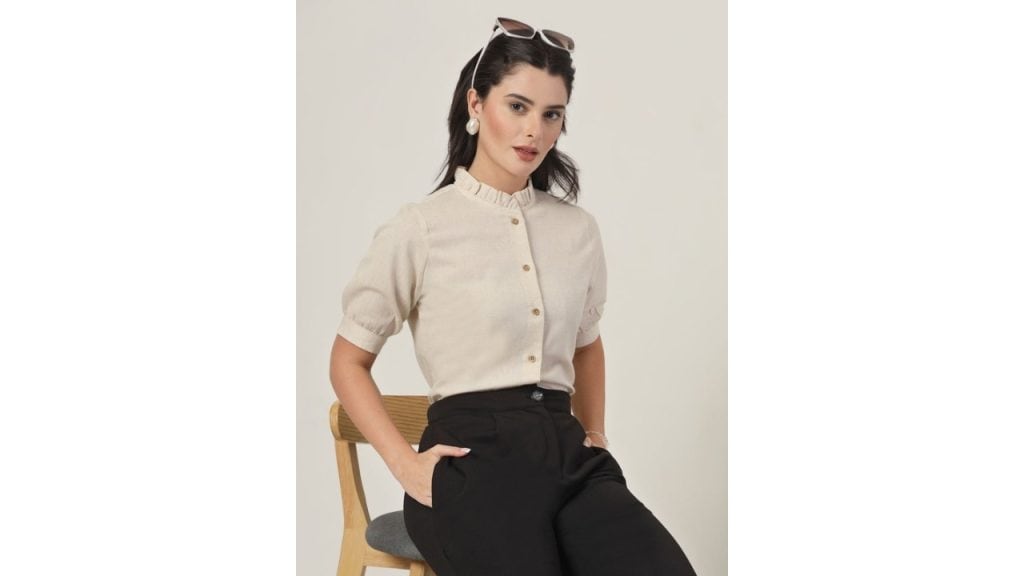 Style Quotient Women Smart Mandarin Collar Solid Cotton Formal Shirt