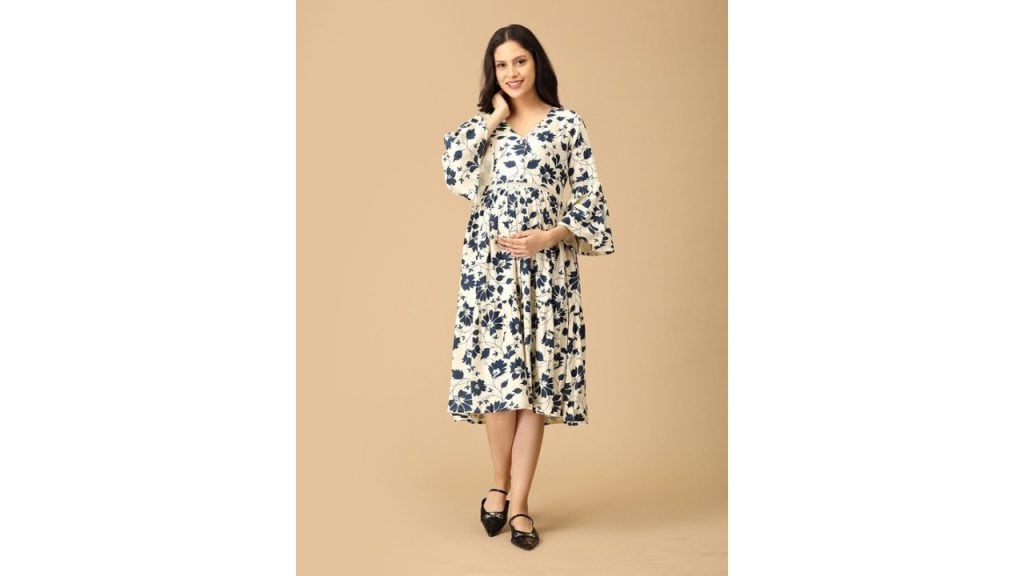 The Mom Store Floral Print Flared Sleeves Maternity Fit & Flare Midi Dress