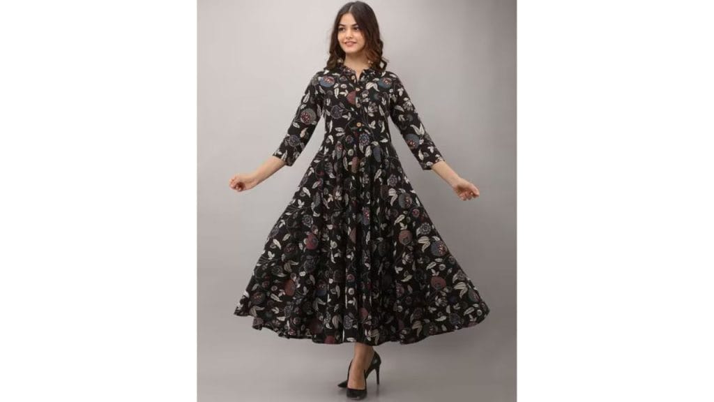 Assamica Printed Cotton Blend Stitched Flared Gown