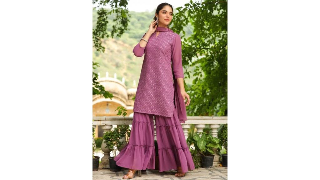 Janasya Women Georgette Kurta Sharara Dupatta Set