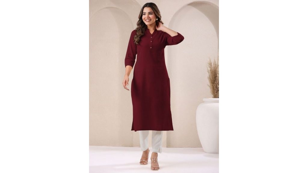 Janasya Women Maroon Cotton Solid Straight Kurta